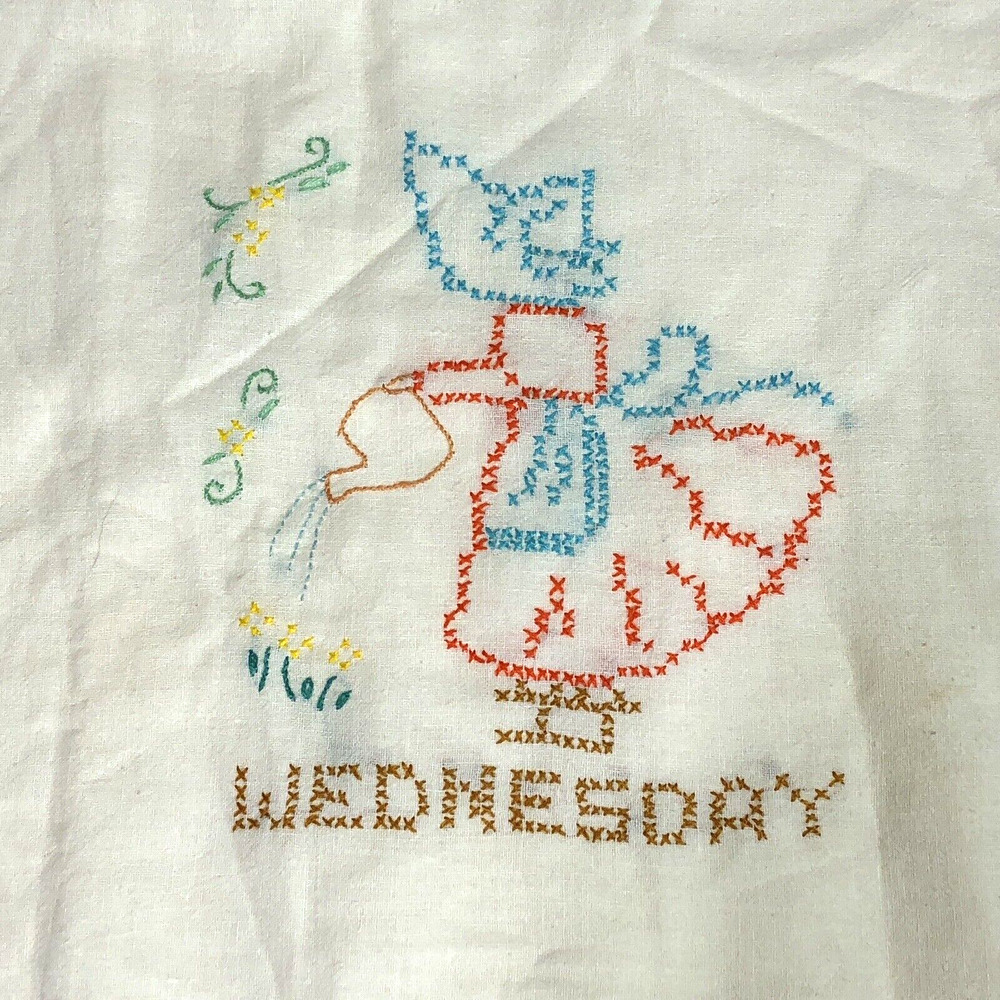Vintage Day of Week Hand Tea Towel Wednesday Embroider Kitchen Muslin 29" x 30"